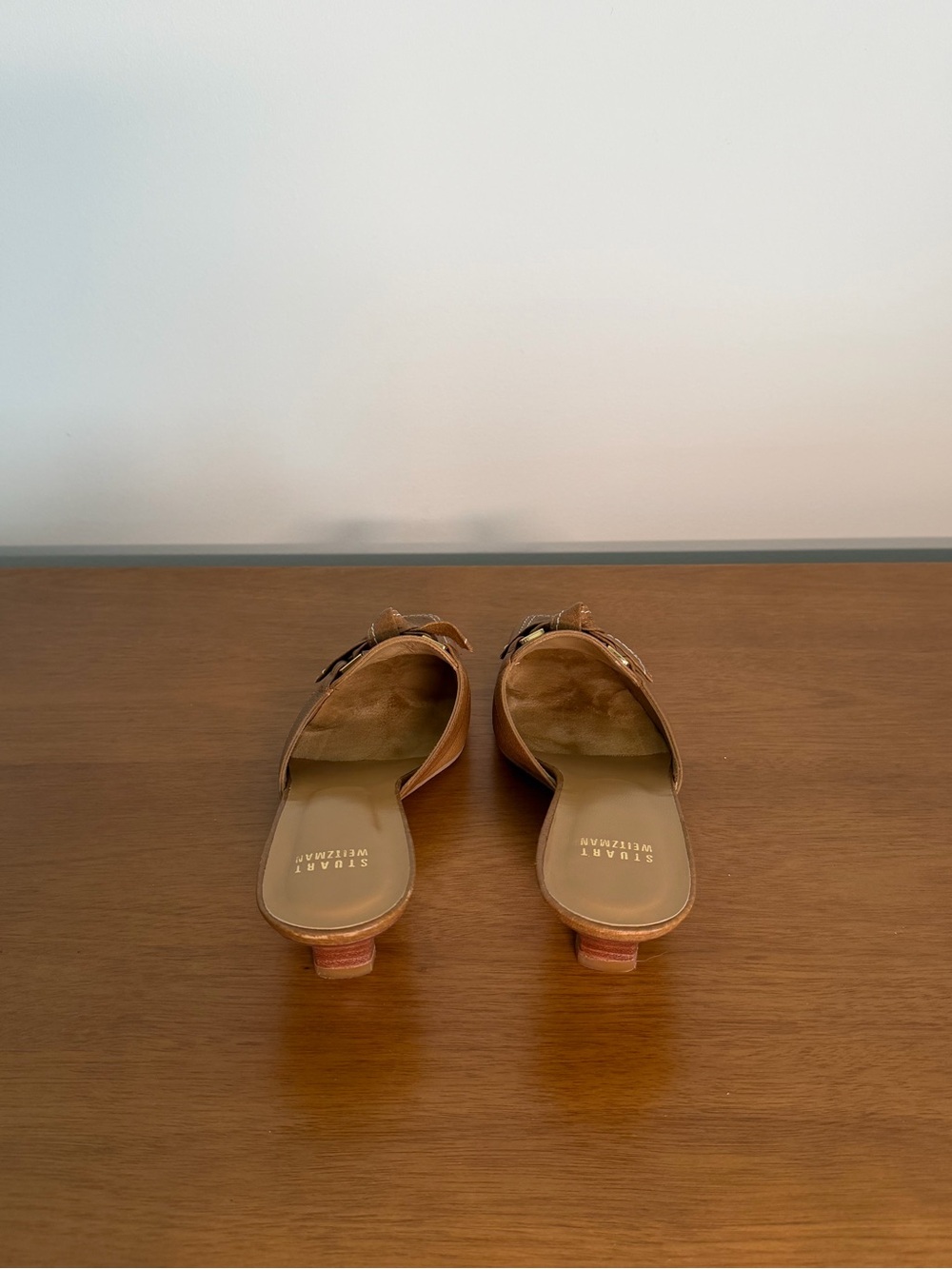 Women's Tan Leather Knot Mule kitten heels - vintage Stuart Weitzman slip - Picture 4 of 6